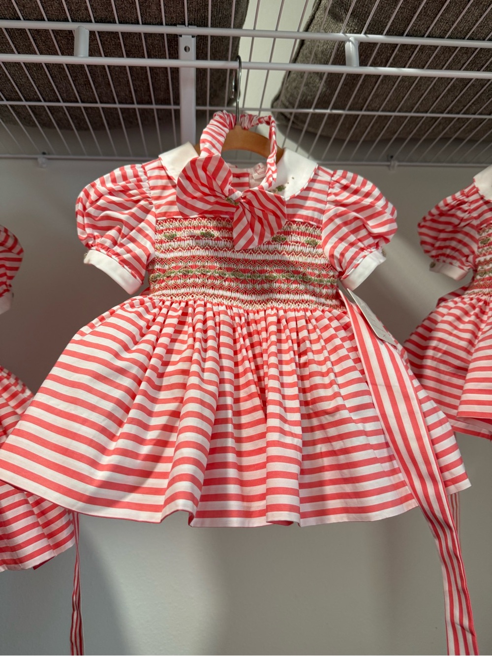 Girls Red and White Striped Smocked Dress with Bow